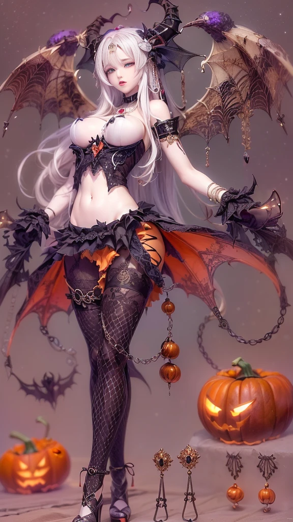 ( Photorealistic:1.9, Dark fantasy:1.9, Best Quality, masterpiece,  super high definition),  perfect dynamic composition :1.3, (( Halloween :1.3,  trick or treat:1.3,  lots of pumpkins :1.3)),  Dark Demon World , Satanic, ( Wear elegant jewelry :1.3,  Wear elegant jewelry :1.3),  very detailed な肌と顔の質感:1.3, Very accurate,  very detailed , ( Her left foot is tightly chained {x} Please feel the beautiful eroticism {x} Sexy Succubus Devil with big wings:1.4,  Wear countless chains entangled in clothes :1.3, beautiful、Midea:1.3), Horn,  white skin,  slave, (( Wear elegant jewelry :1.3)), ( Big Eyes That Exude Eroticism :0.4,  Please open your mouth a little, lipstick, beautifulエロティシズムを感じてください:0.9, Too sexy:0.9, charm的な:0.9), (Bloody:1.5, Covered in scars:1.5,  Have countless chains entangled in clothes :1.6, Chain your right arm:1.5, Chain the left arm:1.5,  Properly put on clothing :1.5,  Incredibly slim body :1.5),  Super Long Blonde Curly Hair ,  earrings with cups, necklace,  bracelet, Sensual posture, romantic, Mysterious,  elegant, The object of admiration, original, dramatic, Artistic, Innovative, charm, Heartful, Gorgeous, sense of exaltation, Feelings of despair, sense of openness, sense of cleanliness , Special,  exciting , grotesque, Extreme, sense of loss, sorrow, sorrowの表現, ((悪魔のcharm, 女性的なcharm))