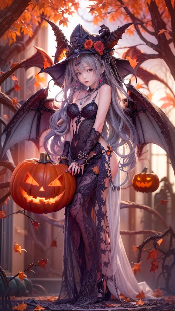 ( Photorealistic:1.9, Dark fantasy:1.9, Best Quality, masterpiece,  super high definition),  perfect dynamic composition :1.3, (( Halloween :1.3,  trick or treat:1.3,  lots of pumpkins :1.3)),  Dark Demon World , Satanic, ( Wear elegant jewelry :1.3,  Wear elegant jewelry :1.3),  very detailed な肌と顔の質感:1.3, Very accurate,  very detailed , ( Her left foot is tightly chained {x} Please feel the beautiful eroticism {x} Sexy Succubus Devil with big wings:1.4,  Wear countless chains entangled in clothes :1.3, beautiful、Midea:1.3), Horn,  white skin,  slave, (( Wear elegant jewelry :1.3)), ( Big Eyes That Exude Eroticism :0.4,  Please open your mouth a little, lipstick, beautifulエロティシズムを感じてください:0.9, Too sexy:0.9, charm的な:0.9), (Bloody:1.5, Covered in scars:1.5,  Have countless chains entangled in clothes :1.6, Chain your right arm:1.5, Chain the left arm:1.5,  Properly put on clothing :1.5,  Incredibly slim body :1.5),  Super Long Blonde Curly Hair ,  earrings with cups, necklace,  bracelet, Sensual posture, romantic, Mysterious,  elegant, The object of admiration, original, dramatic, Artistic, Innovative, charm, Heartful, Gorgeous, sense of exaltation, Feelings of despair, sense of openness, sense of cleanliness , Special,  exciting , grotesque, Extreme, sense of loss, sorrow, sorrowの表現, ((悪魔のcharm, 女性的なcharm))