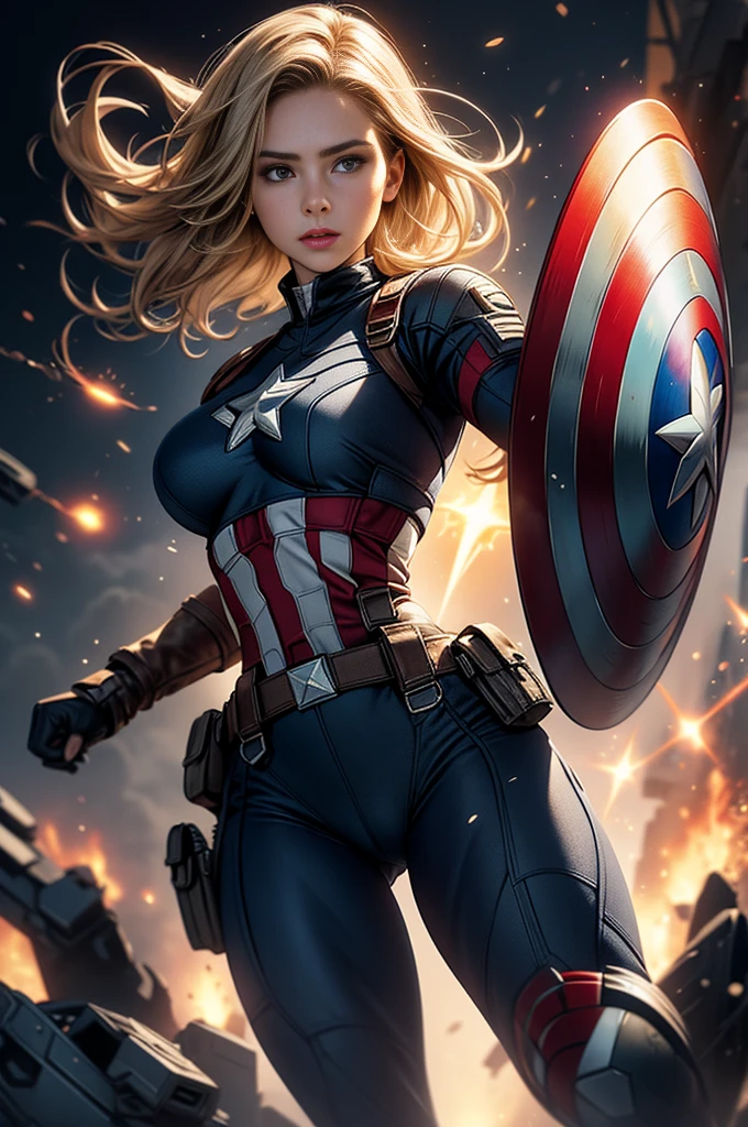 realistic 1.2, 1 girl, full body shot, Haley Atwell como Capitão América (of MCU ), (( wearing Captain America costume )), Blonde hair, athletic body,  BIG BREASTS,  look at the spectator , vfx (Visual Effect)  highlights intricate anatomical features in a perfect way. sfx, complement visual art, immersing the viewer. The level of detail is inspiring,  with meticulously crafted intricate elements ,  Volumetric effects add depth and dimension , and the photorealism is unmatched.  The image is rendered in 8K resolution ,  ensuring super-detailed visuals . Volumetric lightning adds a touch of magic,  highlighting their beauty and the aura of a supernatural form .  High Dynamic Range technology  (HDR)  makes the cores stand out , adding richness to the overall composition. Finally, this art presents an unreal portrait.