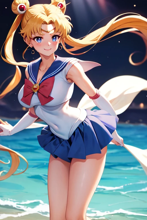 masterpiece, high definition, best quality, rendered art, well formed hands, fingers and body, 1 woman, solo, sailor moon , adult, grown up, twin tails, blonde, big breasted, cleavage, full body, , sexy sailor senshi uniform, short blue skirt, red boots, gorgeous hips, legs and thighs, blond, white elbow gloves, sailor collar, tiara, earrings,  dancing seductively and erotically, twirling around, , shaking her body alluringly, smiling joyfully, looking at the viewer, sweating , flirting, exuding sensuality and allure, beach environment dancing seductively and erotically, twirling around, , shaking her body alluringly, smiling joyfully, looking at the viewer, sweating , flirting, peek on panties, exuding sensuality and allure, beach environment  