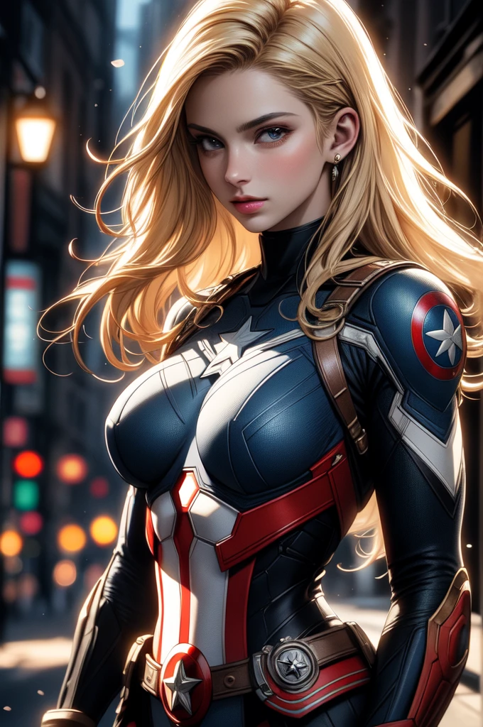 realistic 1.2, centered,   upper body,   masterpiece, | Captain America Woman  , Blonde hair, standing,   looking at the spectator  ,   BIG BREASTS, | city, Urban, two, city lights, | night, bokeh effect, depth of field, visual effects (Visual Effect)   highlights intricate anatomical features in a perfect shape. sound effects,  complementary to visual art , immersing the viewer.  The level of detail is inspiring ,   with meticulously crafted intricate elements  ,   Volumetric effects add depth and dimension  , and the photorealism is unmatched.  The image is rendered in 8K resolution ,   ensuring super-detailed visuals  .  Volumetric lighting adds a touch of magic ,   highlighting their beauty and the aura of a supernatural form  .   High Dynamic Range Technology   (HDR)   makes the cores stand out  , adding richness to the overall composition. Finally, this art presents an unreal portrait.