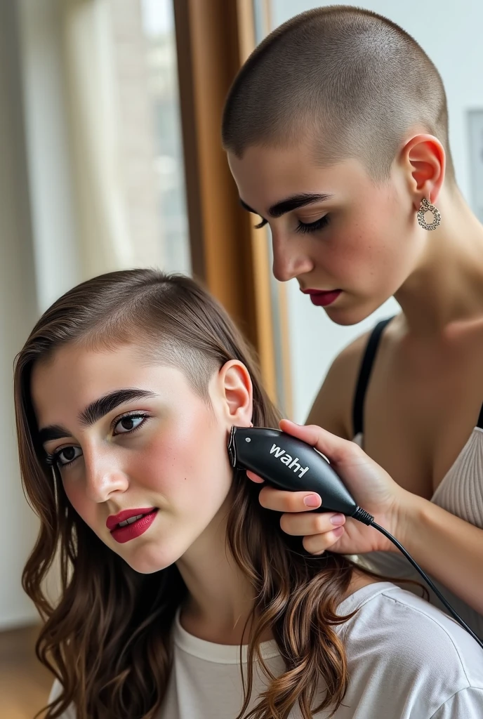 Two tall beautiful young women, one shaving the others head.  ((((first woman is bald her head is shaved clean to pale skin)))), (((she is holding "Wahl" hair clippers which are currently shaving the second woman's head, she is intensely looking at the (second woman's half bald head)))). (((The second woman has her left-side of her head bald and the right-side has hair), ((she is looking at the viewer and smiling)), there are short hair bits and many strands of cut hair are stuck on and cover her shirt))).