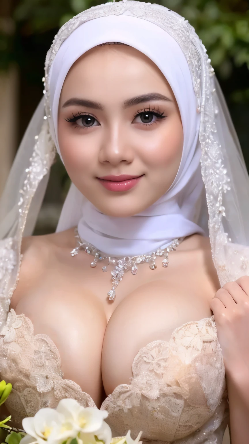 Hyper realistic, Beautiful young hijab girl, , nude, naked, (open breast, breast out), luxury necklace, White Skin, Perfect Potrait, Bokeh Effect, Look at camera, ((adorable:1.2)), ((masterpiece:1.1)), ((bokeh:1.2)), (dynamic seducing pose), seductive smile, flirting eyes,Clear focus: 1.2, 1 indonesian hijab girl, (perfect nude bride),Super fine face, fine eyes, double eyelids((Realistic lighting, Best quality, 8K, Masterpiece: 1.3, hyper realistic)), Clear focus: 1.2, 1 indonesian hijab girl, georgeous nude wedding dress, (white silver hijab, medium rounded breasts: 1.3), ((open breast, breast out)),nude, naked, pink nipples, slightly chubby, (detailed lace material), (outdoor, day light: 1.1), beautiful garden of flowers background, Super fine face, fine eyes, double eyelids, naughty smile, 