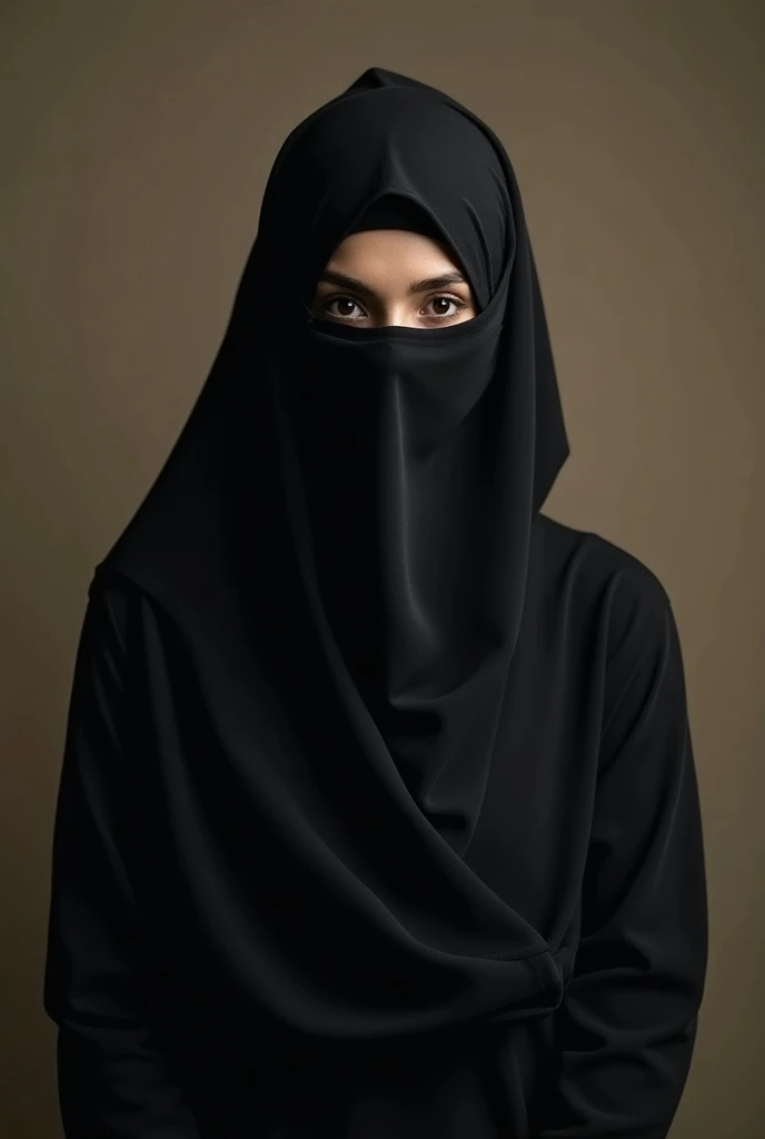 Portrait of 30 years old muslim woman wearing abaya and niqab, proper face, standing streight, frontal view, looking at camera, no facial expression, no make-up, photorealism:1.2, high detail, high resolution, 4K, UHD