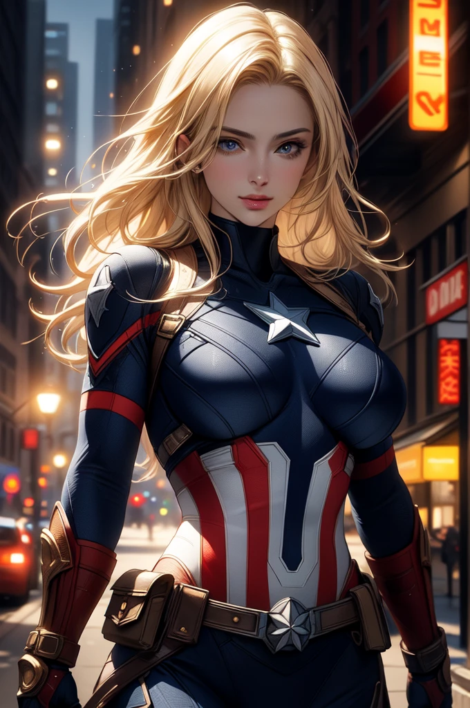 realistic 1.2, centered,  masterpiece, | Captain America Woman  , Blonde hair, standing,   looking at the spectator  ,   BIG BREASTS, | city, Urban, two, city lights, | night, bokeh effect, depth of field, visual effects (Visual Effect)   highlights intricate anatomical features in a perfect shape. sound effects,  complementary to visual art , immersing the viewer.  The level of detail is inspiring ,   with meticulously crafted intricate elements  ,   Volumetric effects add depth and dimension  , and the photorealism is unmatched.  The image is rendered in 8K resolution ,   ensuring super-detailed visuals  .  Volumetric lighting adds a touch of magic ,   highlighting their beauty and the aura of a supernatural form  .   High Dynamic Range Technology   (HDR)   makes the cores stand out  , adding richness to the overall composition. Finally, this art presents an unreal portrait.