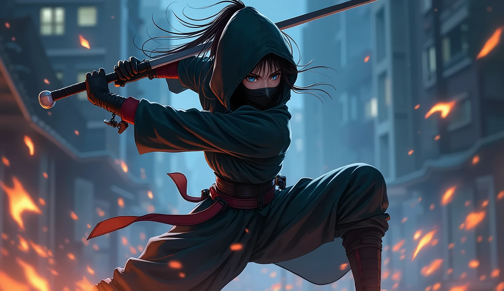 1 female ninja, jump, battle stance, negative space