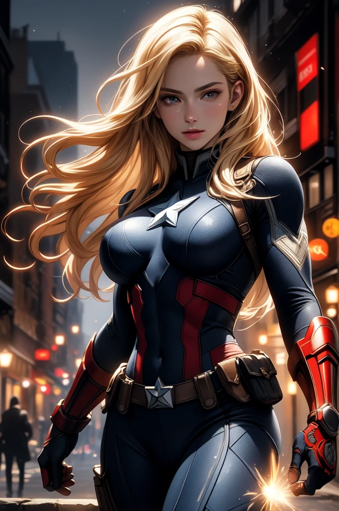 realistic 1.4, centered,  masterpiece, | Captain America Woman  , Blonde hair, standing,   looking at the spectator  ,   BIG BREASTS, | city, Urban, two, city lights, | night, bokeh effect, depth of field, visual effects (Visual Effect)   highlights intricate anatomical features in a perfect shape. sound effects,  complementary to visual art , immersing the viewer.  The level of detail is inspiring ,   with meticulously crafted intricate elements  ,   Volumetric effects add depth and dimension  , and the photorealism is unmatched.  The image is rendered in 8K resolution ,   ensuring super-detailed visuals  .  Volumetric lighting adds a touch of magic ,   highlighting their beauty and the aura of a supernatural form  .   High Dynamic Range Technology   (HDR)   makes the cores stand out  , adding richness to the overall composition. Finally, this art presents an unreal portrait.