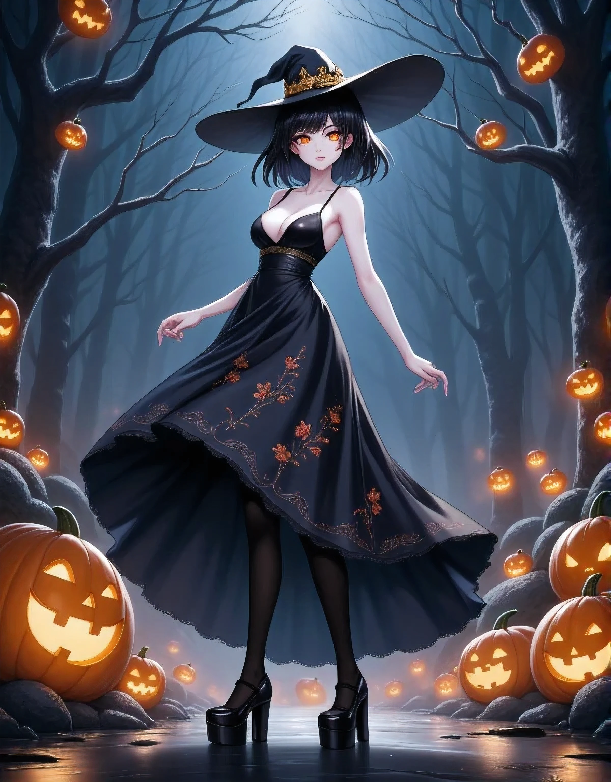  A beautiful witch with porcelain white skin ,  fluorescent cat eyes , shiny black hair, corpo sexy,  low-cut black dress embroidered Gothic style , platform style shoe ,  is in a forest haunted by mutant pumpkins. 32k anime style. 