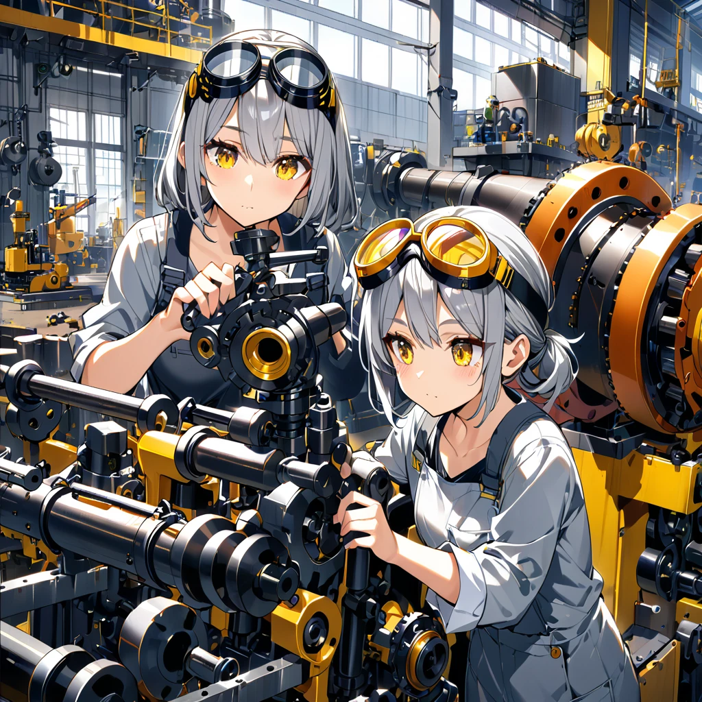 A girl wearing gray work clothes、Big goggles on the head、Yellow Eyes、Gray Hair、Machine shop、Complex piping、((Repairing large machinery))