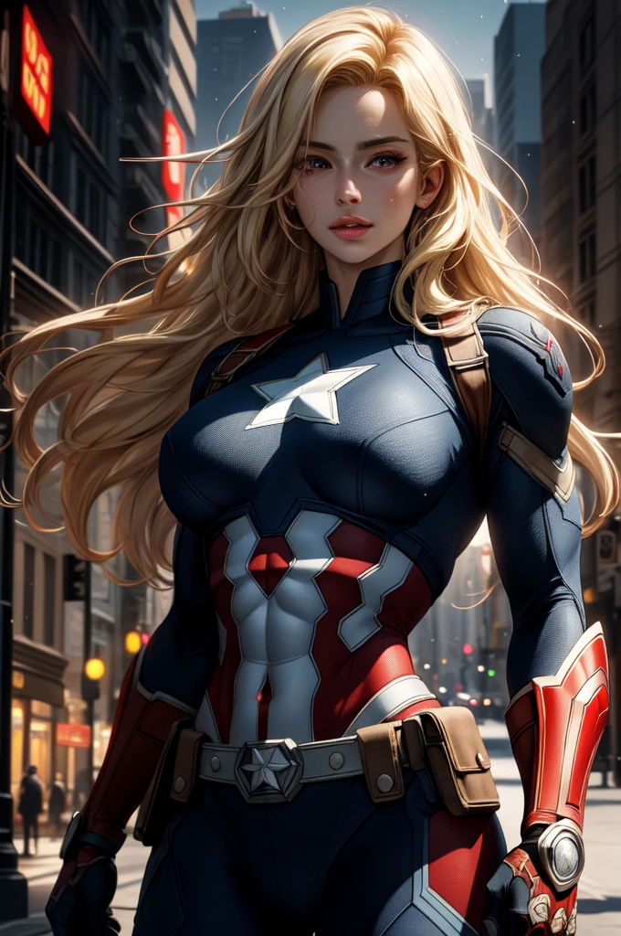 realistic 1.2, centered,   upper body,   masterpiece, | Captain America Woman  , Blonde hair, standing,   looking at the spectator , athletic body,  BIG BREASTS, | city, Urban, two, city lights, | night, bokeh effect, depth of field, visual effects (Visual Effect)   highlights intricate anatomical features in a perfect shape. sound effects,  complementary to visual art , immersing the viewer.  The level of detail is inspiring ,   with meticulously crafted intricate elements  ,   Volumetric effects add depth and dimension  , and the photorealism is unmatched.  The image is rendered in 8K resolution ,   ensuring super-detailed visuals  .  Volumetric lighting adds a touch of magic ,   highlighting their beauty and the aura of a supernatural form  .   High Dynamic Range Technology   (HDR)   makes the cores stand out  , adding richness to the overall composition. Finally, this art presents an unreal portrait.