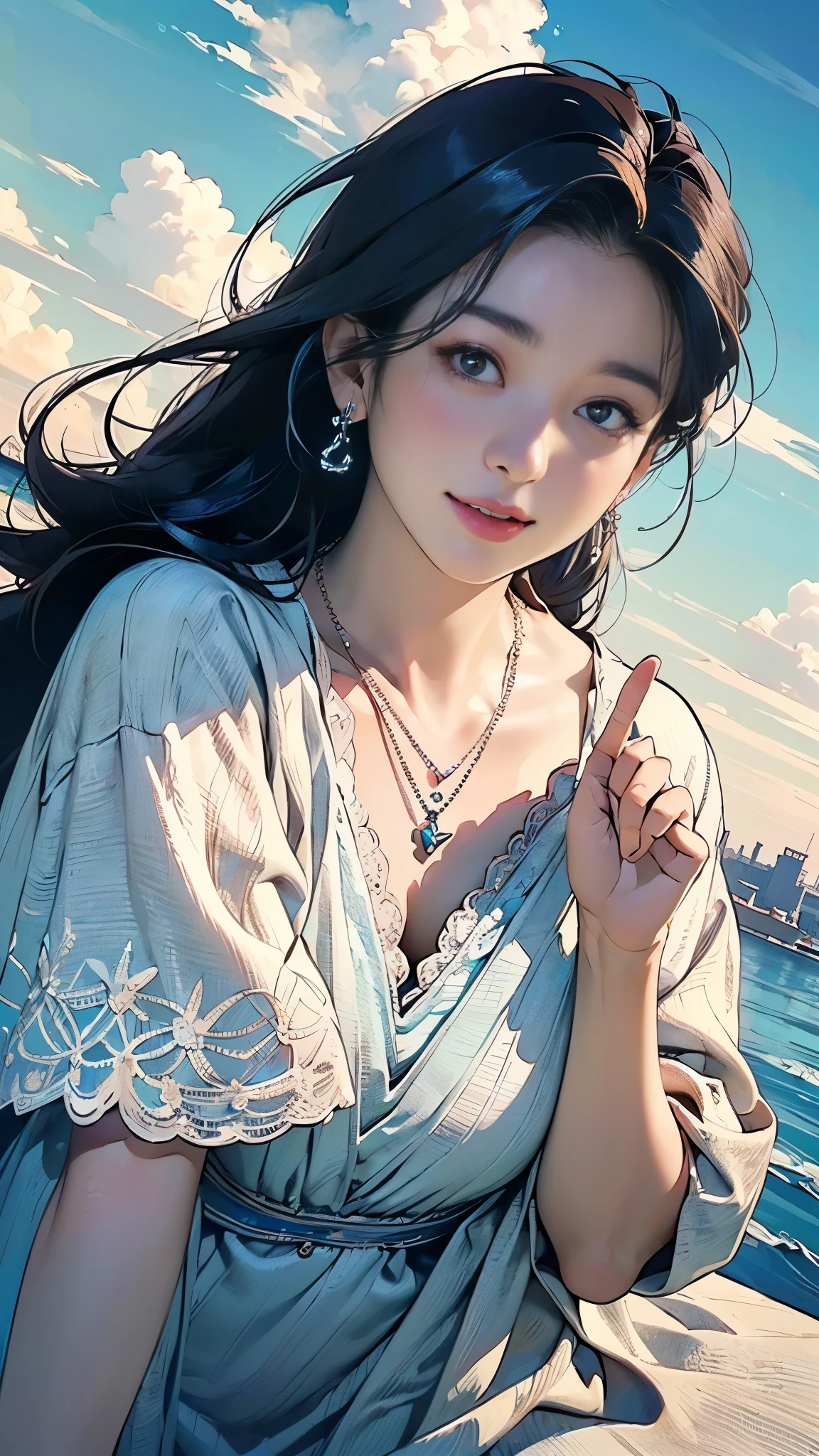 ((((Top quality))))、(((Ultra-precision CG16K wallpaper)))、(((Masterpiece)))、(((Highly detailed)))、((Extremely detailed))、((Medium straight: 1.8))、(Shining hair)、Beautiful face with delicately drawn lines、(Black eyes、Detailed pupils and irises、Detailed eyelashes、Light reflected from the eyes、Double eyelids、High nose、Small nostrils、Small mouth、Charming lips、Beautiful breasts、Perfect proportions、Perfect anatomy、Perfect composition、Beautiful detailed shading、Beautiful and natural lighting、Beautiful detailed lighting、Depth of character boundaries、((High saturation)))、((Real: 1.9)))、((Sharpness: 1.5))、((Beautiful skin))、(Skin texture)、((Real skin feel))、((Cowboy shot: 1.6))、((Front, shot from the front, front low angle: 1.6)))、((Half-open mouth, surprised face: 1.4)))、Bright sunlight、Natural light、((Background_Sea、Port、Sky and clouds: 1.5)))、(Gravure idol pose: 1.6)、((Wearing necklace、earrings: 1.5))、((Lace stocking clothes))、