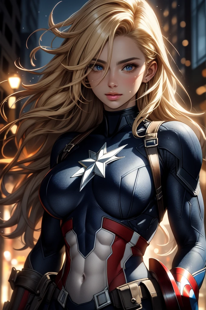 realistic 1.2, centered,   upper body,   masterpiece, | Captain America Woman  , Blonde hair, standing,   looking at the spectator , athletic body,  BIG BREASTS, | city, Urban, two, city lights, | night, bokeh effect, depth of field, visual effects (Visual Effect)   highlights intricate anatomical features in a perfect shape. sound effects,  complementary to visual art , immersing the viewer.  The level of detail is inspiring ,   with meticulously crafted intricate elements  ,   Volumetric effects add depth and dimension  , and the photorealism is unmatched.  The image is rendered in 8K resolution ,   ensuring super-detailed visuals  .  Volumetric lighting adds a touch of magic ,   highlighting their beauty and the aura of a supernatural form  .   High Dynamic Range Technology   (HDR)   makes the cores stand out  , adding richness to the overall composition. Finally, this art presents an unreal portrait.