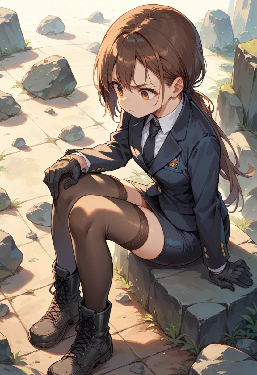 black blazer , Pencil skirt , black miniskirt ,  brown hair clenched , brown eyes, black combat boots , black gloves , long sleeves , low ponytail , black stockings ,  black tie  , sit , rocks , View from above , hold one's knees