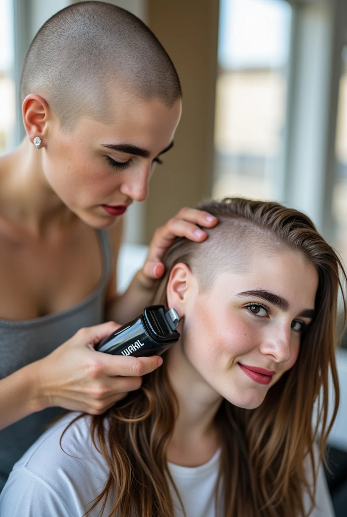 Two tall beautiful young women, one shaving the others head. ((((first woman is bald smooth pale skin on her head)))), (((she is holding "Wahl" hair clippers which are currently shaving the second woman's head, she is intensely looking at the (second woman's mostly bald head)))). (((The second woman has her right side of her head and part of the top bald ), ((she is looking at the viewer and smiling)), there are short hair bits and many strands of cut hair are stuck on and cover her shirt))).