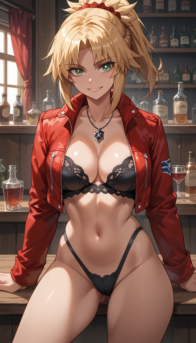 1girl, modred, ultra-detailed, ((masterpiece)), (best quality), (highres), 16K, green eyes, blonde hair, ponytail, short hair, scrunchie, red scrunchie, hair scrunchie, red jacket, black thong, busty body, large breasts and a beautiful ass, showcasing cleavage, legs, hips, looking at viewer, smile, detailed face, detailed hair, detailed whole body, bar background