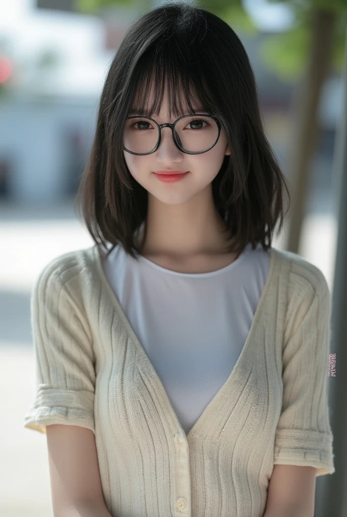 Top Quality, Masterpiece, Ultra High Definition, (Photorealistic: 1.4), (Look Off: 1.4), (Look Off: 1.4), No Look at Camera, Raw Photo, One Girl, Dark Hair, (Straight Bobs: 1.4), (Patsun: 1.4), Bangs, Glasses, Smile, Glossy Skin, Dramatic Lighting, Neat, T-Shirt, White Summer Sweater, (Big: 0.9), parks