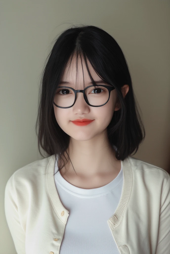 Top Quality, Masterpiece, Ultra High Definition, (Photorealistic: 1.4), (Look Off: 1.4), (Look Off: 1.4), No Look at Camera, Raw Photo, One Girl, Dark Hair, (Straight Bobs: 1.4), (Patsun: 1.4), Bangs, Glasses, Smile, Glossy Skin, Dramatic Lighting, Neat, T-Shirt, White Summer Sweater, (Big: 0.9), parks