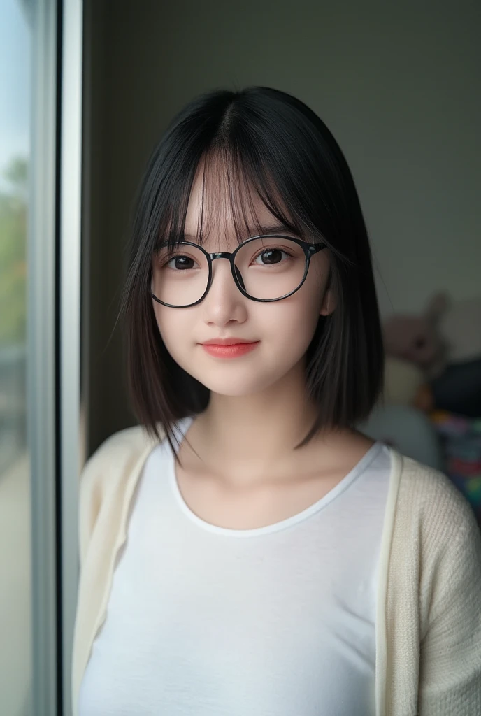 Top Quality, Masterpiece, Ultra High Definition, (Photorealistic: 1.4), (Look Off: 1.4), (Look Off: 1.4), No Look at Camera, Raw Photo, One Girl, Dark Hair, (Straight Bobs: 1.4), (Patsun: 1.4), Bangs, Glasses, Smile, Glossy Skin, Dramatic Lighting, Neat, T-Shirt, White Summer Sweater, (Big: 0.9), parks