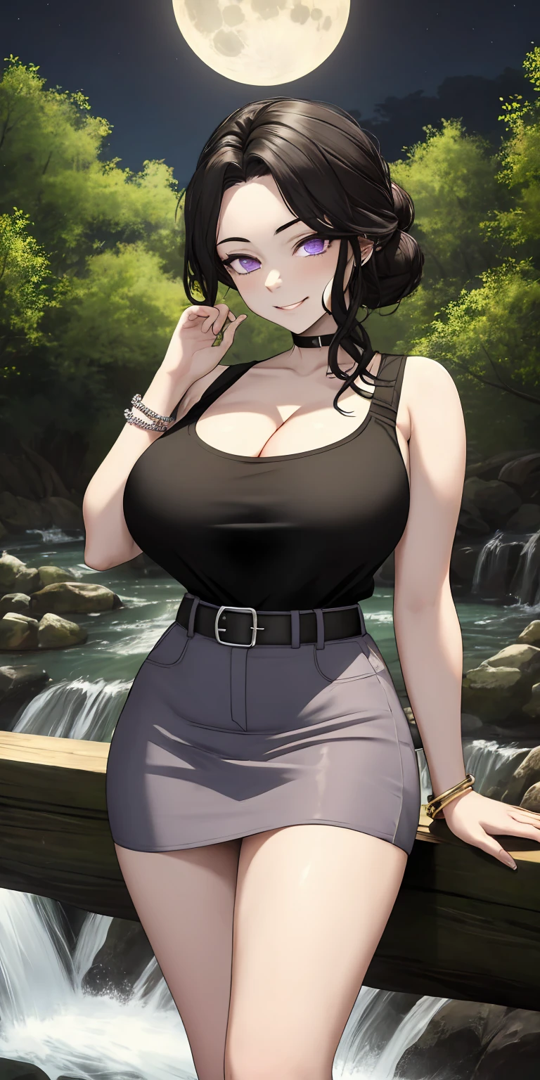 masterpiece, best quality, extremely detail 8k cg, high resolution, 1girl, solo, mature female, TamayoKNY, black hair, hair up, neat bun, violet eyes, pale skin, jewelry, big boobs, gigantic breasts, round breasts, black top, tank top, v neck, tight shirt, cleavage, pencilskirt, miniskirt, tight skirt, belt, choker, bracelet, night time, moonlight, outdoors, forest, river, waterfall, beautiful face, seductive expression, smirk, medium full shot