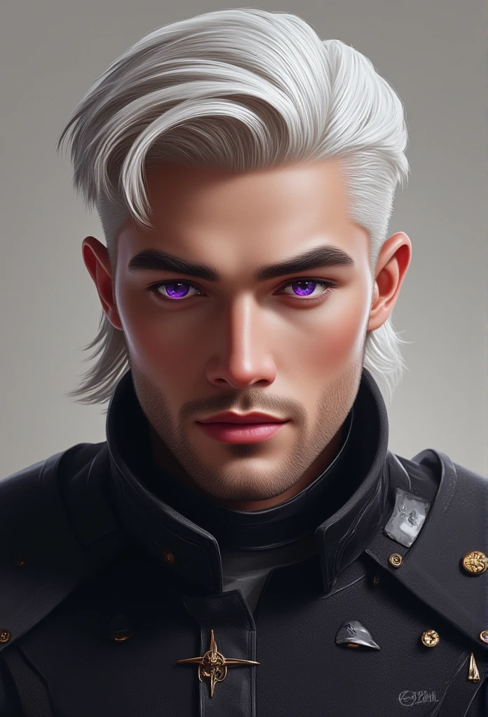 A handsome Targaryen Prince with short trimmed platinum blonde hair, purple eyes 