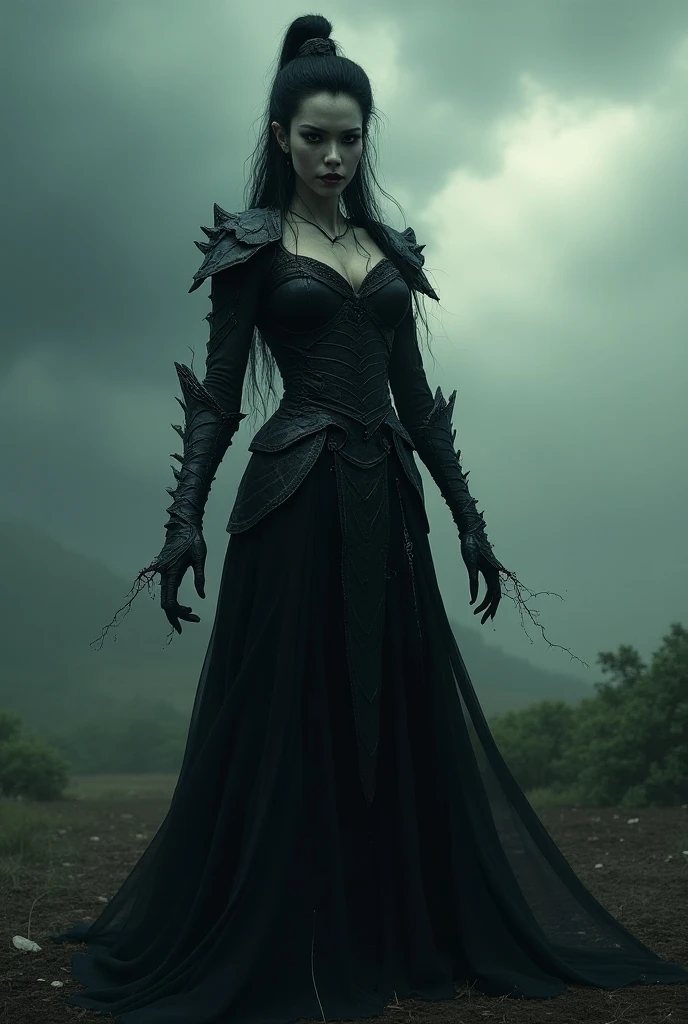 a vampire warrior goddess, dark fantasy, highly detailed, dramatic pose, dramatic lighting, dramatic shadows, intricate armor, scales, horns, glowing eyes, fangs, claws, flowing hair, wind effects, cinematic composition, muted color palette, dramatic atmosphere