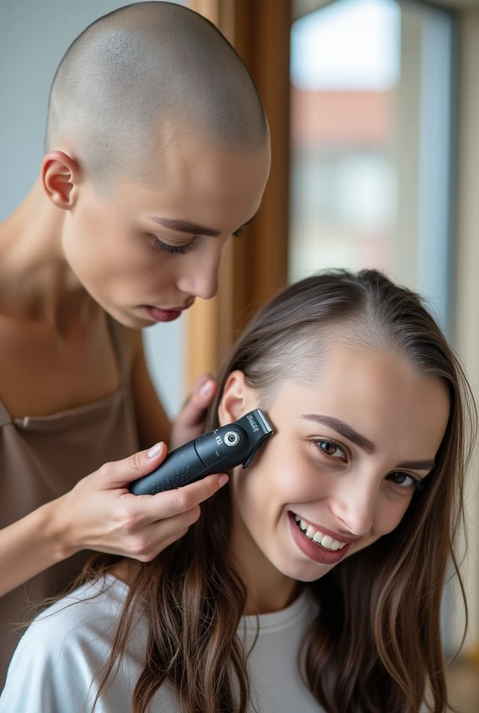 Two tall beautiful young women, one shaving the others head. ((((first woman is bald smooth pale skin on her head)))), (((she is holding "Wahl" hair clippers which are currently shaving the second woman's head, she is intensely looking at the (second woman's mostly bald head)))). (((The second woman has her right side of her head and part of the top bald ))), ((she is excitedly looking at the viewer and smiling)). (((There are clumps of hair bits and long strands of cut hair stuck on and draped over her shirt))).