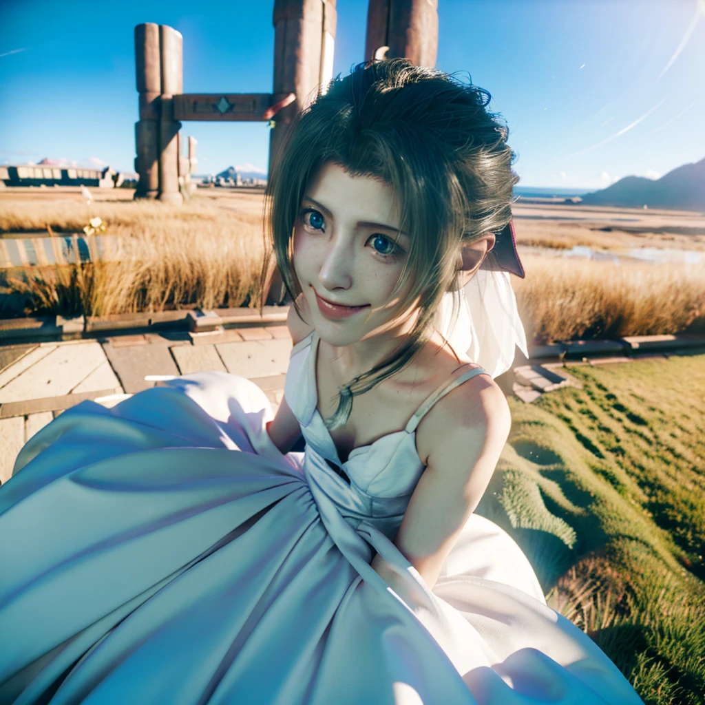  Final Fantasy 、Aerith、 Fluffy Wedding Dress、Zack、 White Tuxedo 、 Hanging Around 、happiness/joy, Grin, blue sky
Masterpiece ,  textured skin, high quality, 