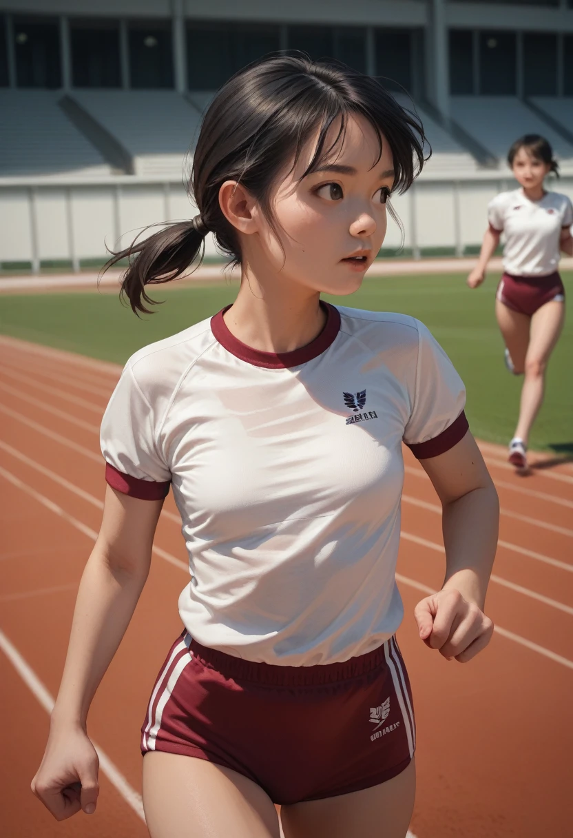 Photorealistic(asian:1.1)short Ponytail,low Ponytail,black hair,small breasts,gym uniform,running,track