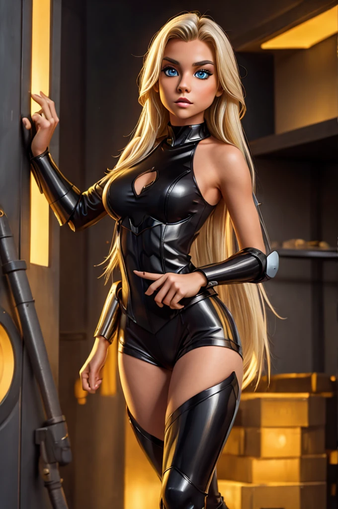 Blonde sexy girl , wearing a sexy black and gold hero armor, modern futuristic electronic clothing  