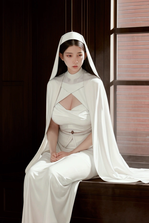 a beautiful young nun, detailed face, big breasts, straining, elegant posture, graceful movements, flowing white robes, religious imagery, detailed folds and textures, warm lighting, dramatic chiaroscuro, cinematic composition, hyper realistic, digital painting, masterpiece, photorealistic, 8k, extremely detailed