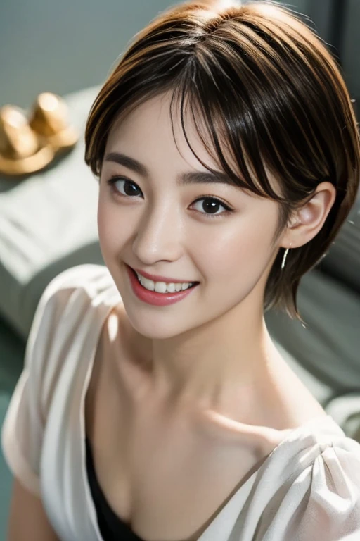 1 female, Photorealistic,Best Quality, ultra-fine,8k,Cool Beauty,Beauty, perfect style,White Shirt,,Japanese,  look at the front with a close-up of the upper body ,smile
ベッドに横たわる美しい***、(Please redeem:1.4), ( very detailed ), ( very detailed 美しい顔), ([Sleepy eyes:1.5),  white t-shirt、 wonderful face and eyes、Iridescence、 medium hair 、日本のBeauty、(Skinny body type:1.3), ( flat chest:1.3), (smile)、、 very detailed  CG synthesis 8k wallpaper,  High Resolution RAW Color Photos 、Professional photography、Light、BackLight、Dreamy、Impressive、The depth of the written boundary、bedroom、( face that has been impatient the whole time:1.3), (Shooting from above:1.5)