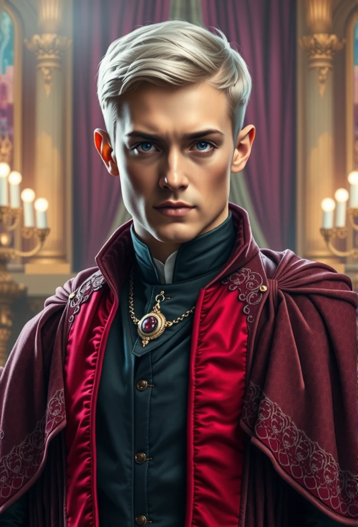 A handsome Targaryen Prince with short trimmed silver white hair, purple eyes, he's wearing a royal silky black tunic with red cloak and detailing,royal background 