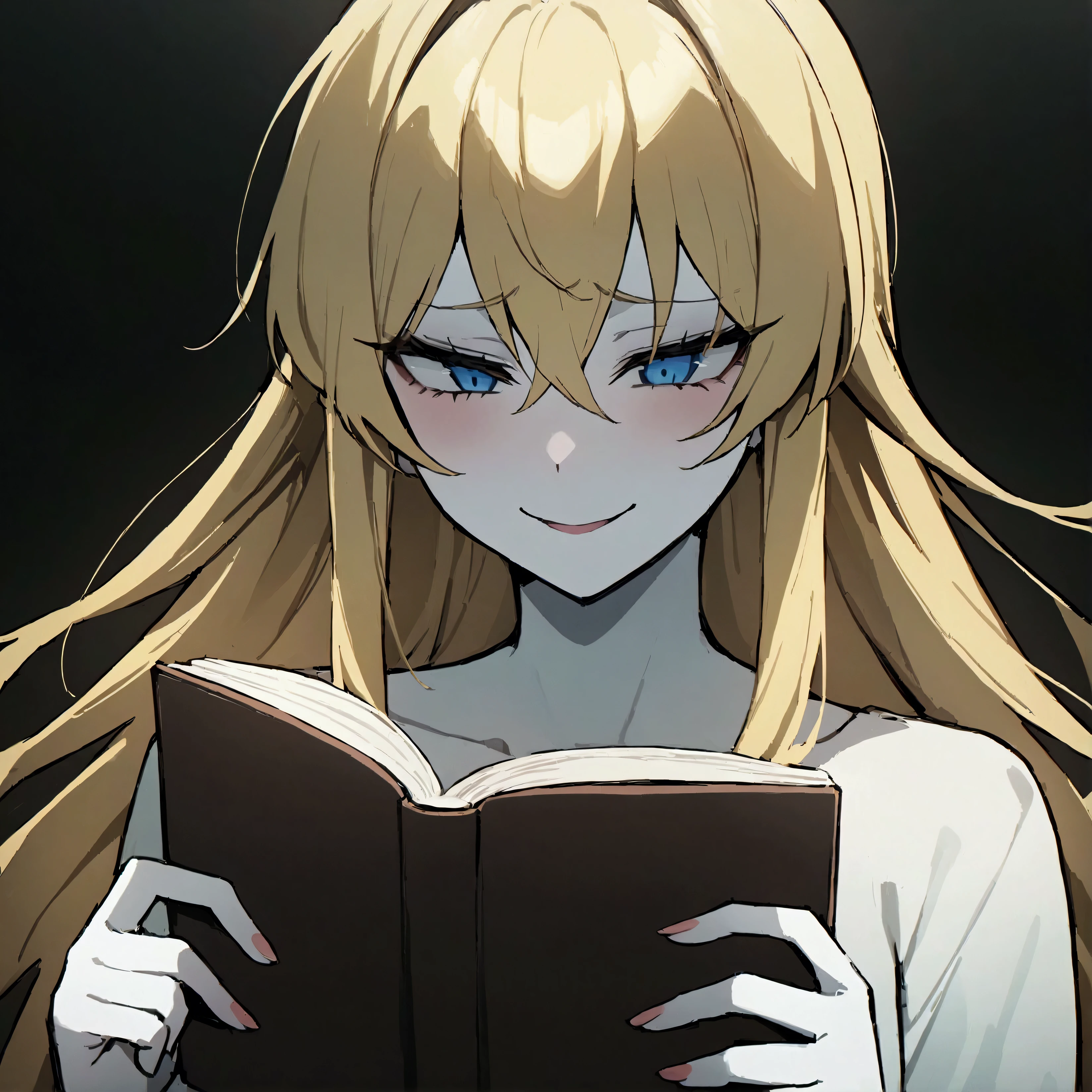 ( masterpiece :1.2, The best quality),  an anime girl with blond hair and blue eyes reading a book, Estiló sardines, Women's clothing,pale skin,Minimalist makeup,pale,natural fabrics,  close up of the face ,  wicked smile ,  heteroctomy eyes bright circular pupils ,8k high resolution, detailed lines, (( cuerpo completo)), Dark background ,