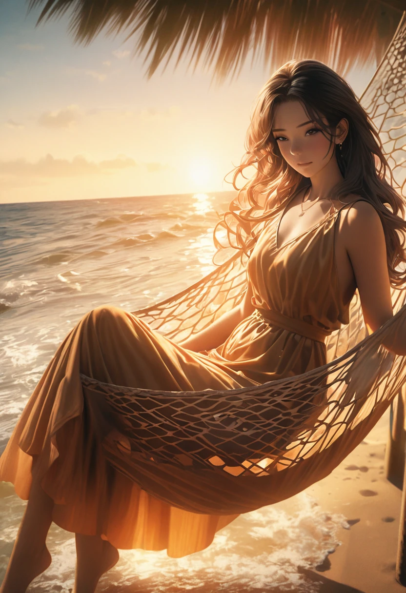 A beautiful woman in a hammock, beach, ocean waves, sunset, detailed face, long hair, elegant dress, serene expression, photorealistic, 8k, highly detailed, warm colors, golden hour lighting, cinematic composition