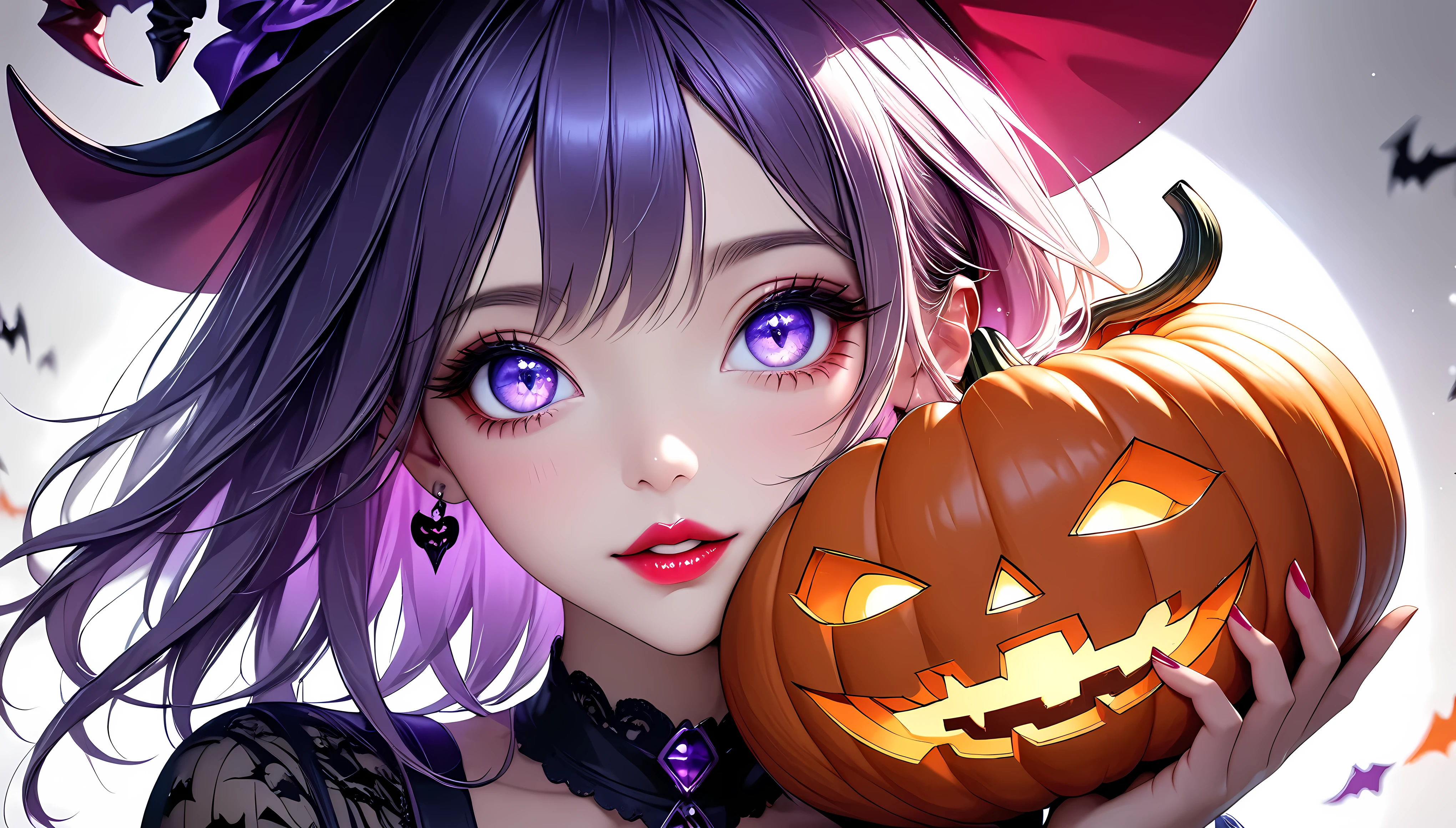 1girl, beautiful detailed eyes, beautiful detailed lips, extremely detailed eyes and face, longeyelashes, Halloween devil, holding pumpkin jack-o-lantern, cute and charming, transparent purple overlay, illustration, digital art, masterpiece, best quality, 8k, highres, photorealistic, studio lighting, vivid colors, cinematic lighting