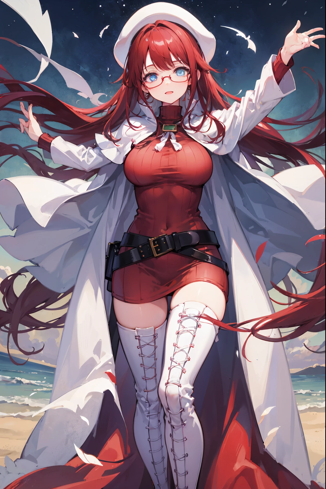 best quality, integrated scenery, integrated background, extremely delicate and beautiful, meticulous details, good composition, cute face, perfect face, perfect hands ,summonnightaty, aty, (young:1.3),long hair, blue eyes, red hair, large_breasts, hat, glasses,
BREAK long hair, thighhighs, dress,  glasses, belt, cape, sweater, turtleneck ,zettai ryouiki, beret, thigh boots, white footwear, ribbed sweater, loose belt,solo,
BREAK outdoors, fantasy,
,Highquality_hads,perfect_fingers,
BREAK , best quality, high resolution, unity 8k wallpaper, (illustration:0.8), (beautiful detailed eyes:1.6), extremely detailed face, perfect lighting, extremely detailed CG, (perfect hands, perfect anatomy),(covered_nipples:0.6),(covered_navel:0.6) ,half_eyes,sleepy_eyes,red_sweater,rise_knee,light_Smile,rise_hand,open_arms,beach_landscape,plump,open_mouth,solo, lie_down,,incoming_hug,open_arms,(covered_breasts:1.5)