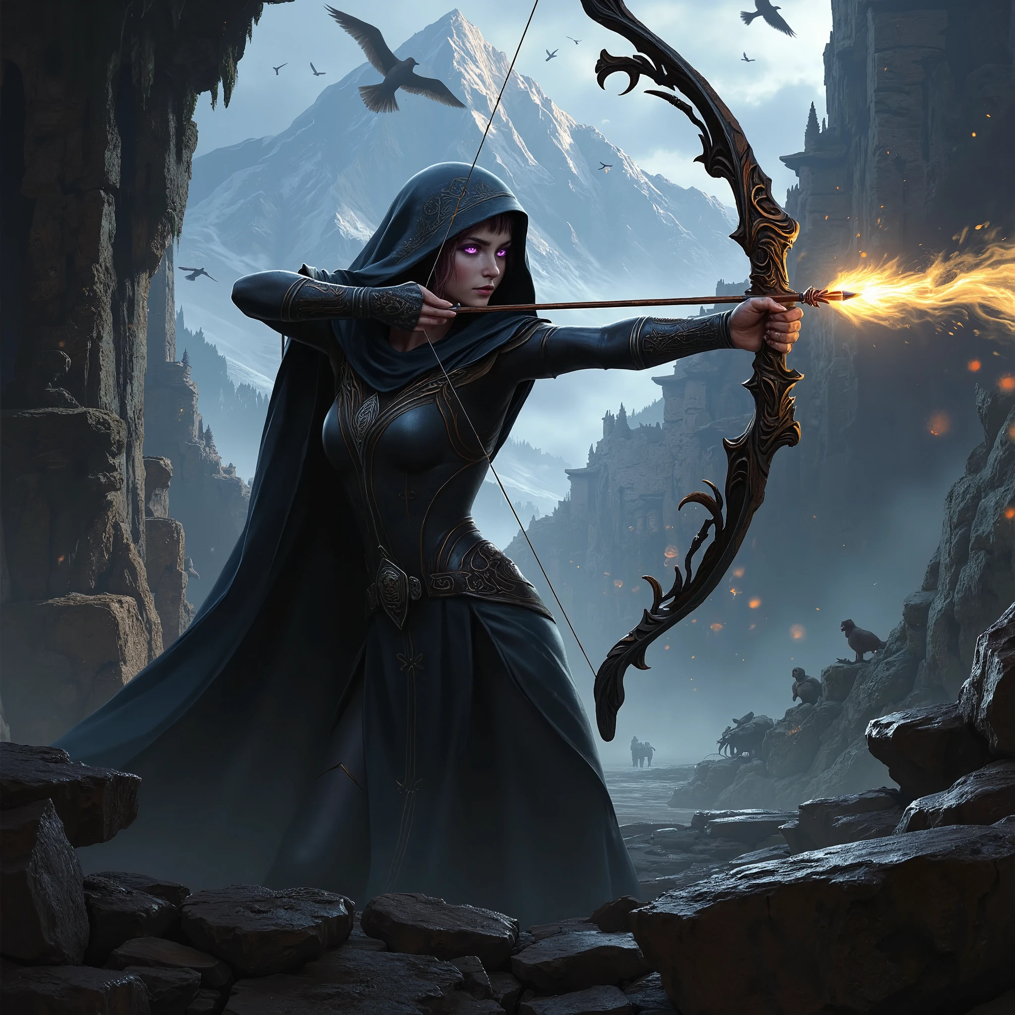 fantasy style, The elf girl is bright Purple Eyes , Amber pupils , beautiful lush eyelashes, Dragon Engraved Hood , The cloak is made of spider threads Web , Archery Stand , Archer pulls a bowstring , (( The arrow is made and the mahogany tip is notched in black metal )), (( Bow Carved high-strength oak wood was also made , . Carved Vines are depicted as if wavy on the Bow , The bow Is Covered with Black Lacquered Wax )), (( A string made of Highly Strong Thread that glows when stretched Yellow )), ((Background Forest, Ancient Ruins of the Elven People , The rock seen from Far away with snow on the top of her head , Birds are flying, Animals hide in the ruins )), (( Archer pulling a Bowstring Aims for the Mountain , that Smells the Arrow into Two Parts Rocky Terrain leaving a Trail from the Burnt Earth)), Dark Fantasy , 16K resolution, masterpiece, intricate details , Bright Particles of Light , Processing complex details , reproduce the whole picture , Work out all Details , high budget, All According to the Author, Maximum Affordable Quality , Clear and Detailed Image ,