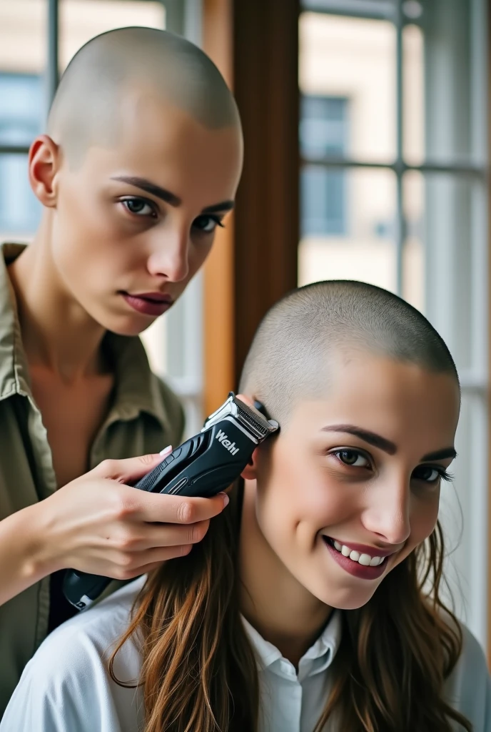 Two tall beautiful young women, one shaving the others head. ((((first woman is bald smooth pale skin on her head)))), (((she is holding "Wahl" hair clippers which are currently shaving the second woman's head, she is intensely looking at the (second woman's mostly bald head)))). (((The second woman has her right side of her head and part of the top bald ))), ((she is excitedly looking at the viewer and smiling)). (((There are clumps of hair bits and long strands of cut hair stuck on and draped over her shirt))).