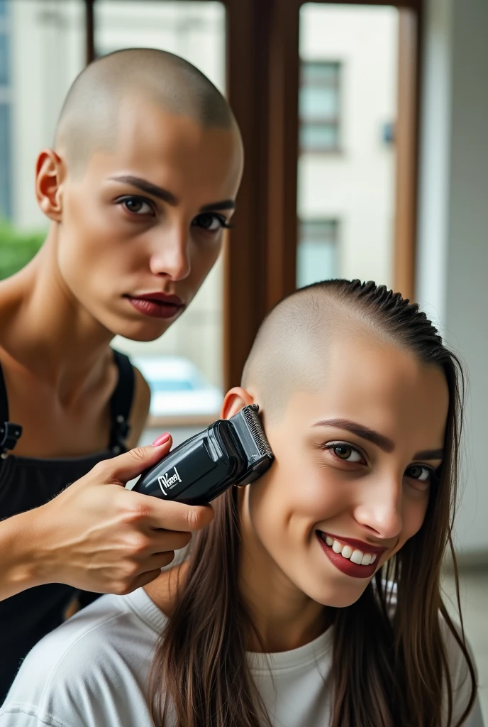 Two tall beautiful young women, one shaving the others head. ((((first woman is bald smooth pale skin on her head)))), (((she is holding "Wahl" hair clippers which are currently shaving the second woman's head, she is intensely looking at the (second woman's mostly bald head)))). (((The second woman has her right side of her head and part of the top bald ))), ((she is excitedly looking at the viewer and smiling)). (((There are clumps of hair bits and long strands of cut hair stuck on and draped over her shirt))).