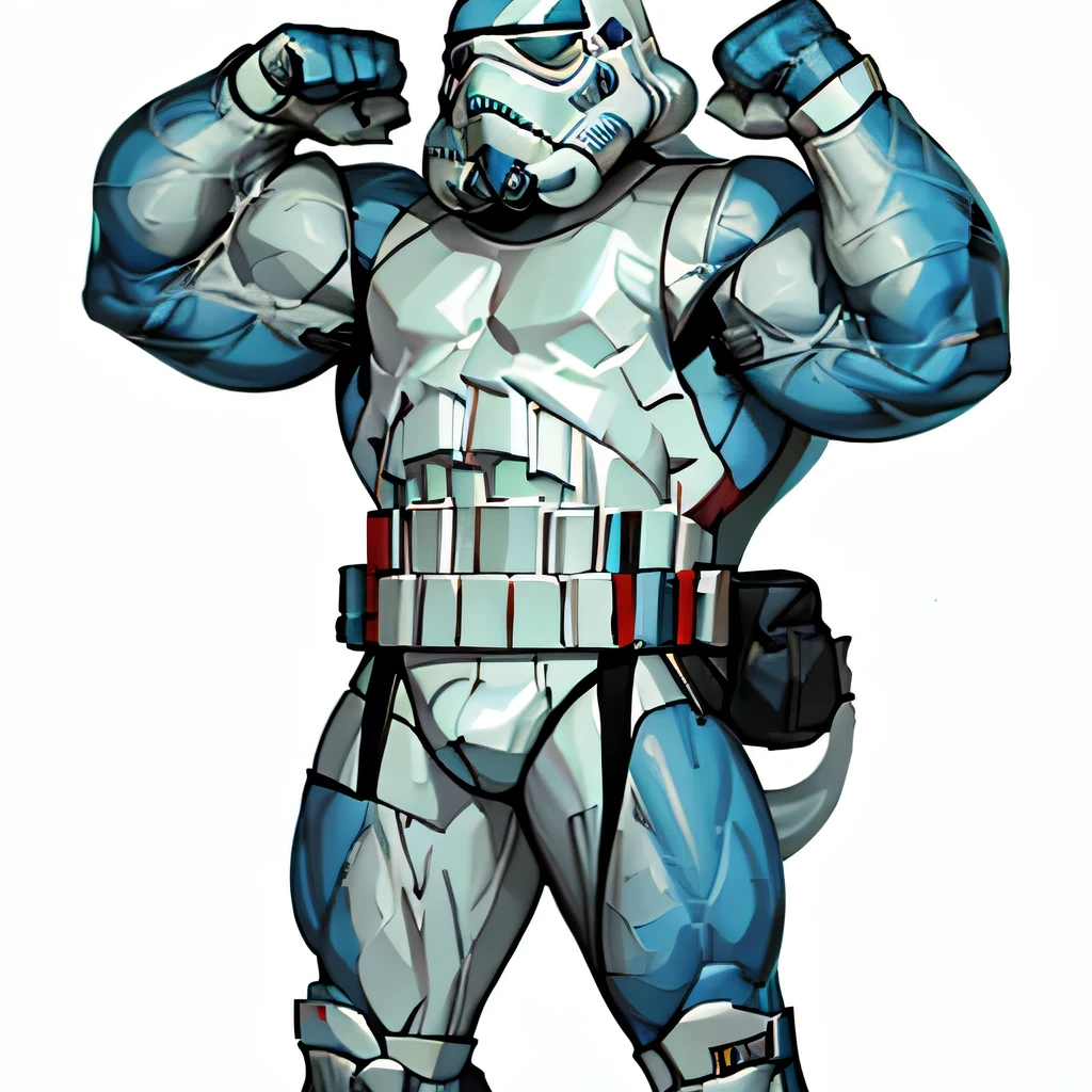 Stormtrooper, bodybuilder, flexing, burly arms, veiny arms, huge biceps, shirtless, huge bulge in pants, horny, nsfw, huge dick, porn,