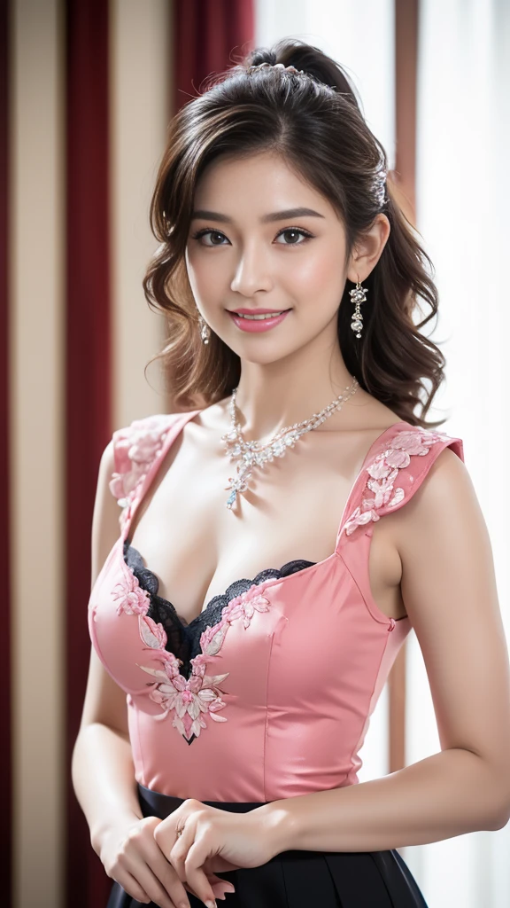 Beautiful, cute  Face,  japanese Girl, blue eyes, high ponytail hair, black hair, hair ornaments, wearing sexy pink mini kebaya dress, micro skirt, Rounded medium Breast, cleavage cutout, slightly Chubby , luxury necklace, White Skin, Smiling, bedroom Background, full body portrait, high heels, Perfect Potrait, Bokeh Effect, Look at Viewer, Armpit, Perfect Eye, Perfect Hand, Perfect Finger, Bracelet, Ring, ((adorable:1.2)), ((masterpiece:1.1)), ((bokeh:1.2)),  (masterpiece, top quality, best quality, official art, beautiful and aesthetic:1.2), (1girl), (fractal art:1.2),absurdres, highres, ultra detailed, Ultra-precise depiction, solo, (zentangle:1.2), floating hair, shiny skin, (abstract:1.2), pantyhose,looking at viewer, micro bra, lace panties, small breast