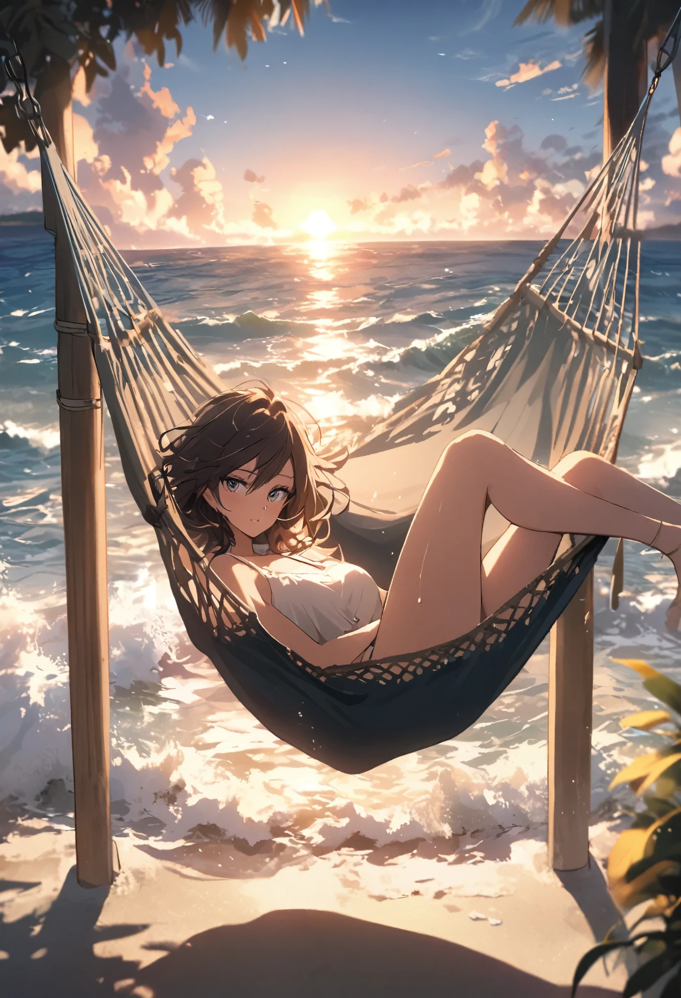 A beautiful woman in hammock, beach side, ocean waves, sunset