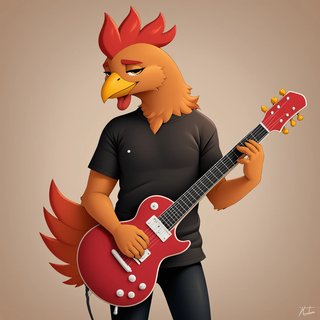 little chicken, with black t-shirt,  playing the electric guitar 