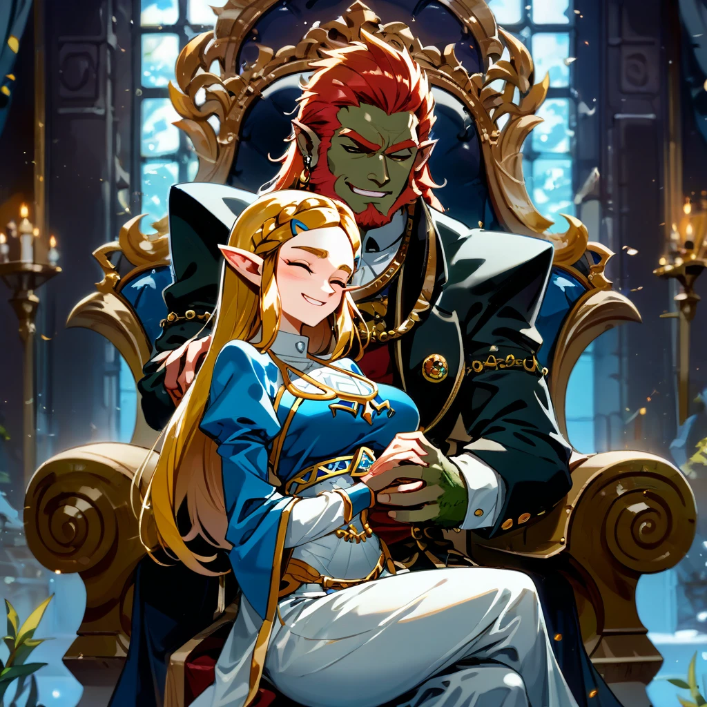 ((Best Quality)), ((masterpiece)), ( Details), （ perfect face）、The woman is a blonde Princess Zelda and they hug and Ganondorf, who reigns supreme while sitting on a gorgeous throne, and snuggle up and love each other, The woman is a blonde Princess Zelda with excellent proportions and big breasts, wears a gorgeous, elegant, and beautiful queen's dress, snuggles up to Ganondorf as a queen and smiles gently、The woman is smiling gently