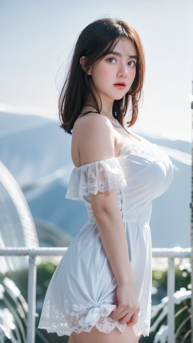 Adorable , Gorgeous , Beautiful , Russian  , (Huge Round Colossal Breasts) , 30 Years Old , White Skin , One Shoulder Lace Dress , Top of The Mountain Background , Wind , ((Bokeh:1.1)) , Blue Eye , ((White Coloured)) , ((Night:1.3)) , Standing Pose , HDR , Ultra Detailed , EF 24-70mm f/2.8L II USM