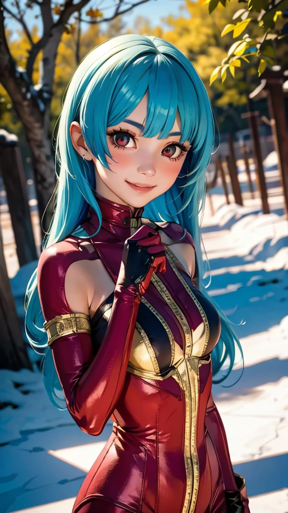 kula, cabello azul, ojos reds, gold gloves bangd , long hair, red, guantes The oro, , looking at the viewer, smiling, blush,, on ice , Wariza, trees, winter ,sunny, The_above, Thetalle extremo, masterpiece ,culo granThe,pechos granThes ,sexy, DesThe abajo,