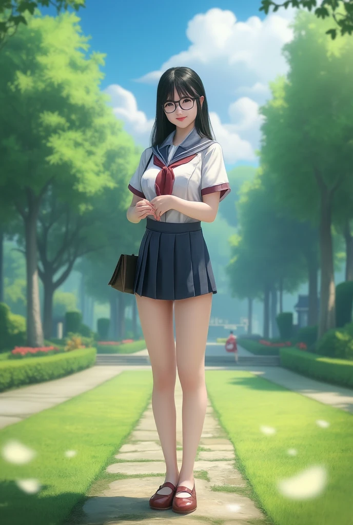 a young woman with glasses wearing school uniform standing tall on the park