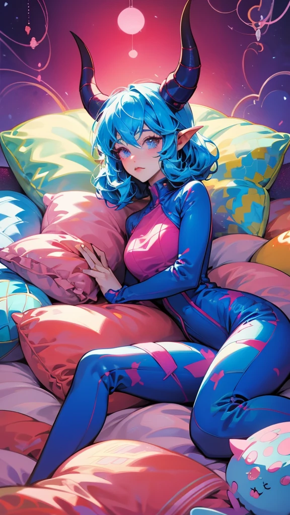 Woman lying down, feet up, Ahegao, big tits, big ass, green bed, blue pillows, window with a landscape, whole body, purple underwear, elegant room, yellow carpet, wooden floor, big ass, big tits
