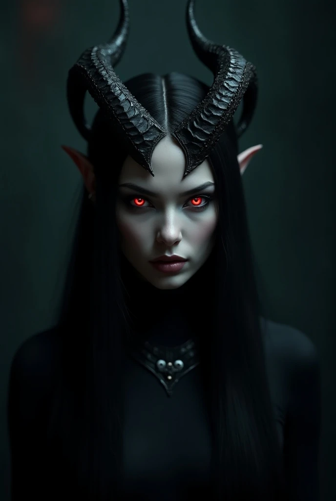 a dark elf woman with horns and red eyes, looking at the camera, ultra realistic, 1girl, elegant fantasy character, beautiful detailed eyes, beautiful detailed lips, extremely detailed face and portrait, dark fantasy, dramatic lighting, moody atmosphere, chiaroscuro lighting, dramatic contrast, dramatic colors, cinematic mood, intricate details, hyper realistic, photorealistic, 8k, high quality, masterpiece, award winning artwork