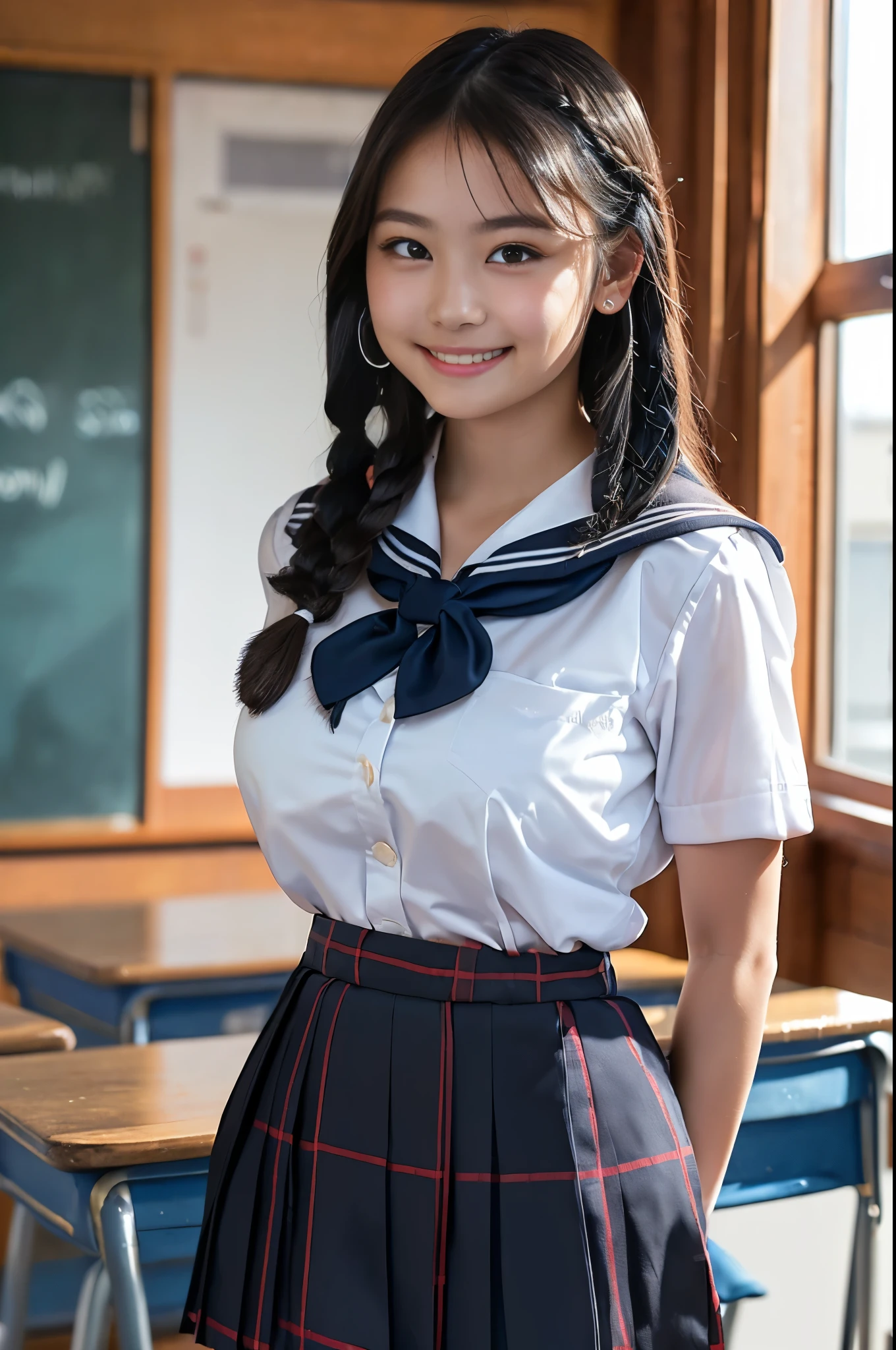 Have School bag,Smile at viewer, huge breast, big breast,Glamour,Japanese High School black uniform,sailor uniform black mini skirt,Glamour,big breasted, (best quality, masterpiece:1.2), A cute girl 14years old,sexy 8k Portrait, Bra, outdoor,princess eyes,white skin,beautiful the most